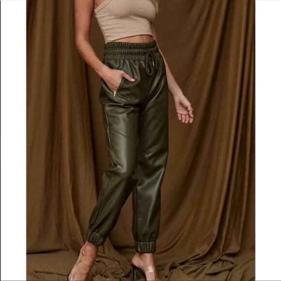 12th Tribe Pants - 12th Tribe - Presley Olive Vegan Leather Joggers